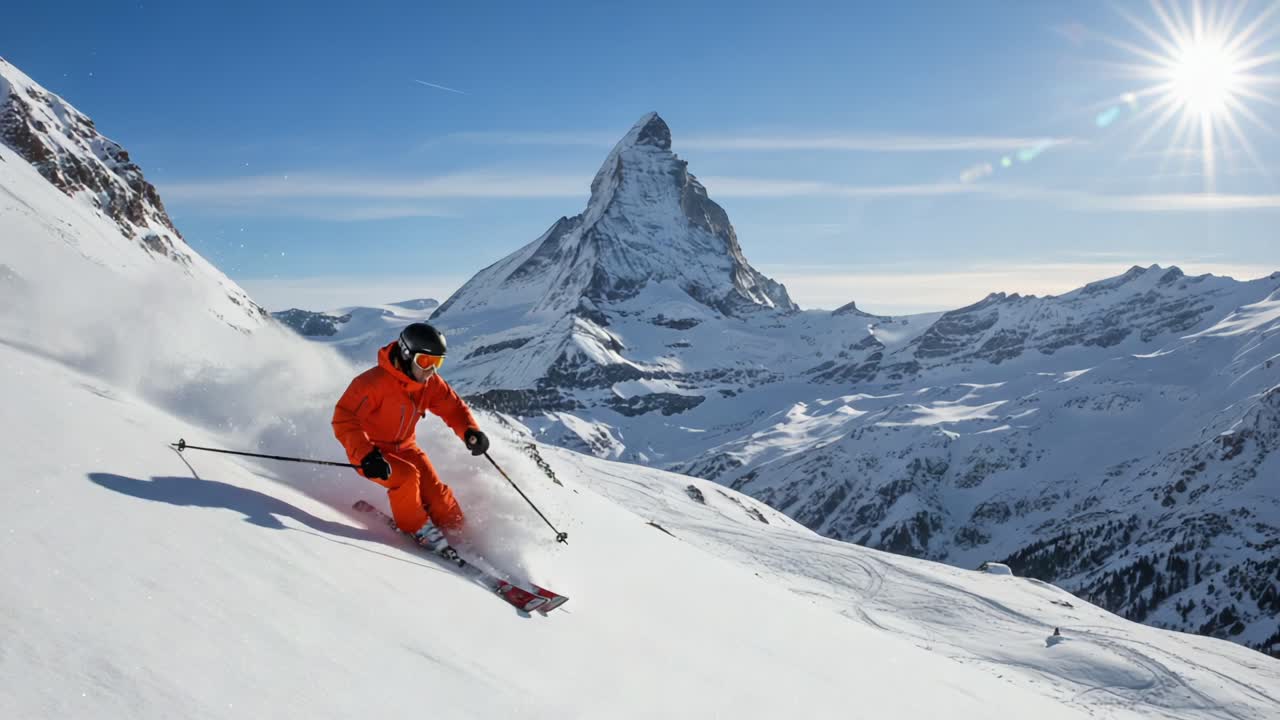 Adventurous skier gracefully descends a pristine snowy slope, with majestic peaks and a bright sun illuminating the breathtaking winter landscape in the background