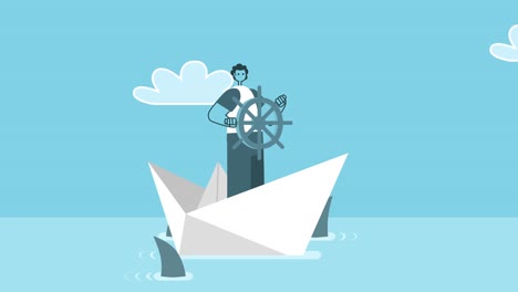 cartoon man sailing on paper boat surrounded by sharks. flat design 2d character isolated loop animation