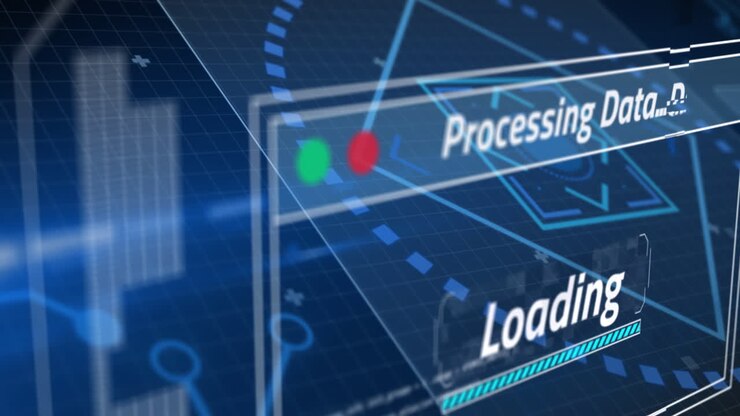 Animation of data processing with scope scanning on blue background