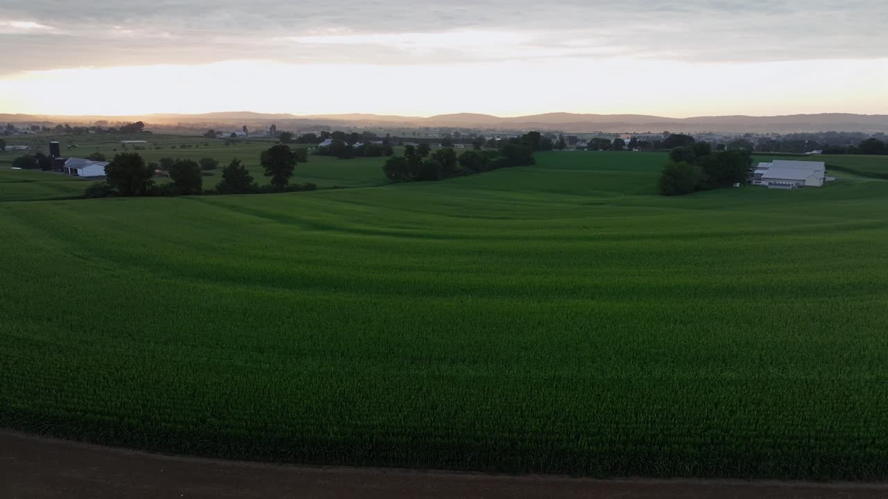 Aerial panorama view of green landscape in American countryside at sunset. Agricultural scenery with farm buildings in USA. Descend wide shot. Peaceful lush region in America