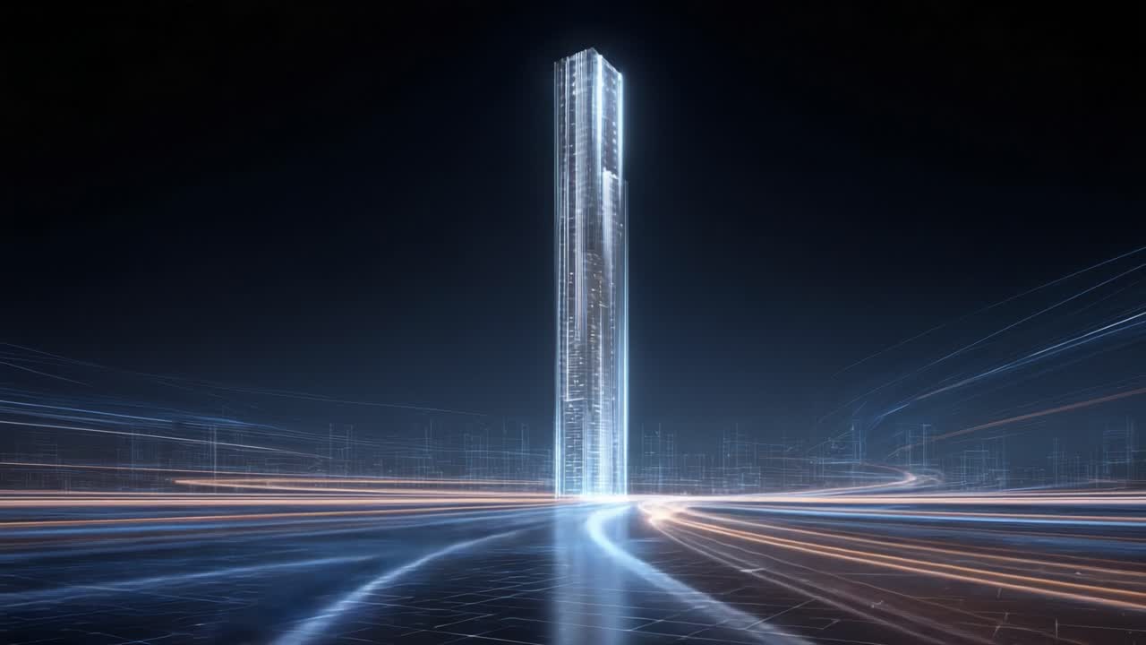 Tall glowing skyscraper building appearing in a futuristic digital world made of light streams, symbolizing technological advancement, innovation, fast data transfer, and metaverse concepts