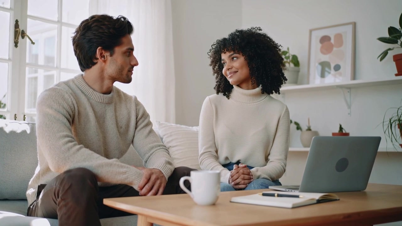 Turning heads, couple in light sweaters exchanging smiles and eye contact on sofa with laptop