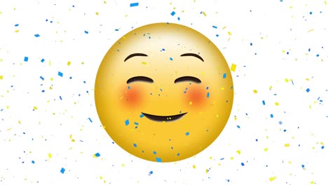 digital animation of confetti falling over blushing face emoji on white background