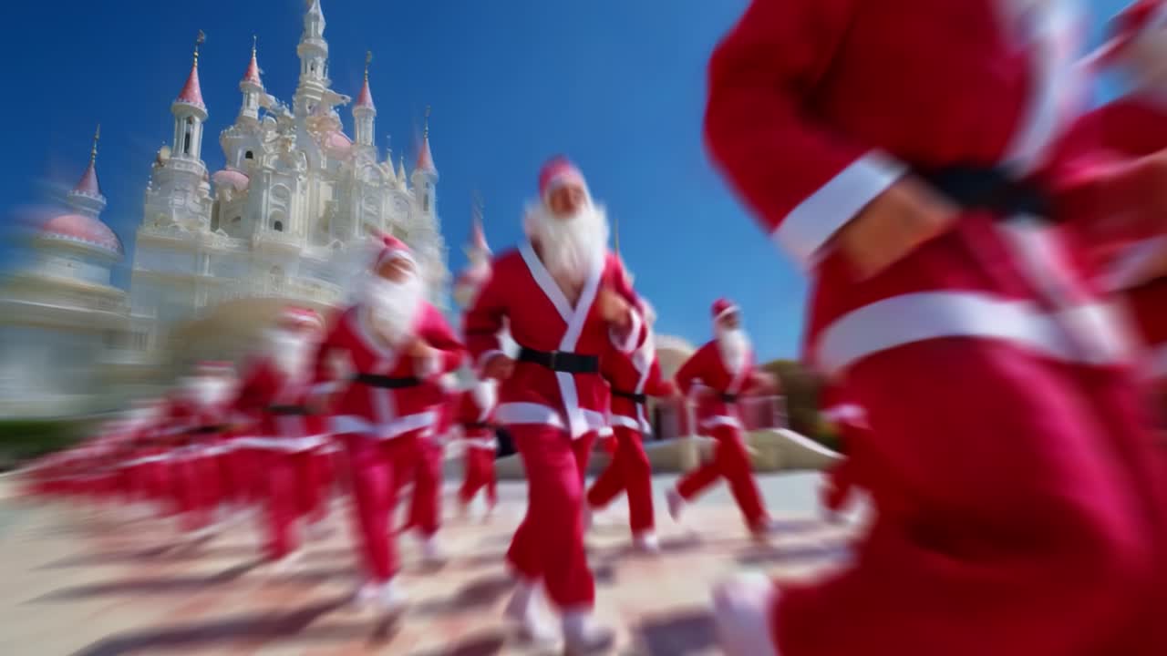 A Festive Parade of Joyful Santas Running Together with Holiday Spirit Against the Backdrop of an Enchanting Castle, Creating a Delightful Scene Full of Cheer and Christmas Magic