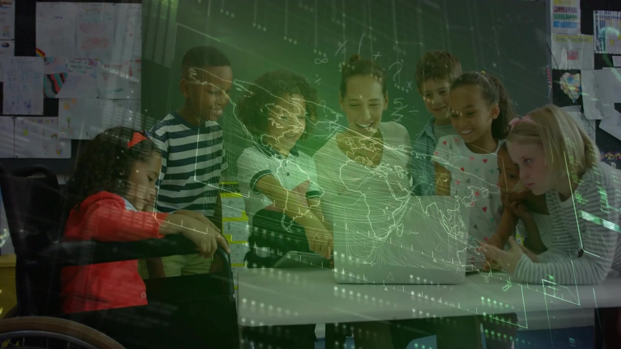 Teacher and class leaning over classroom laptop, student reaching sparking green map overlay lesson