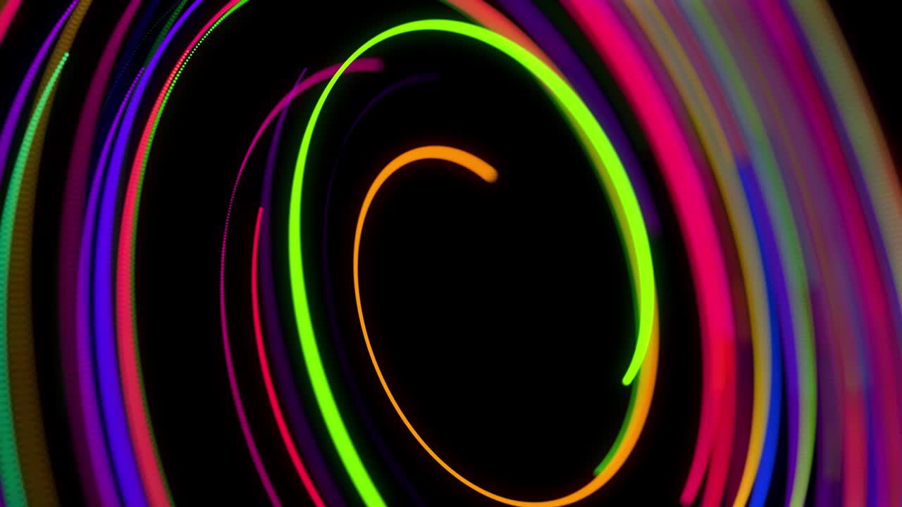 4k에서 세련된 창의적인 추상적인 배경: 회전하는 경로를 따라 회전하는 나선형으로 회전하는 색의 선; 모션 디자인: 선, 나선형 및 추상적인 구조를 형성하는 입자의 bg; 3d 렌더링