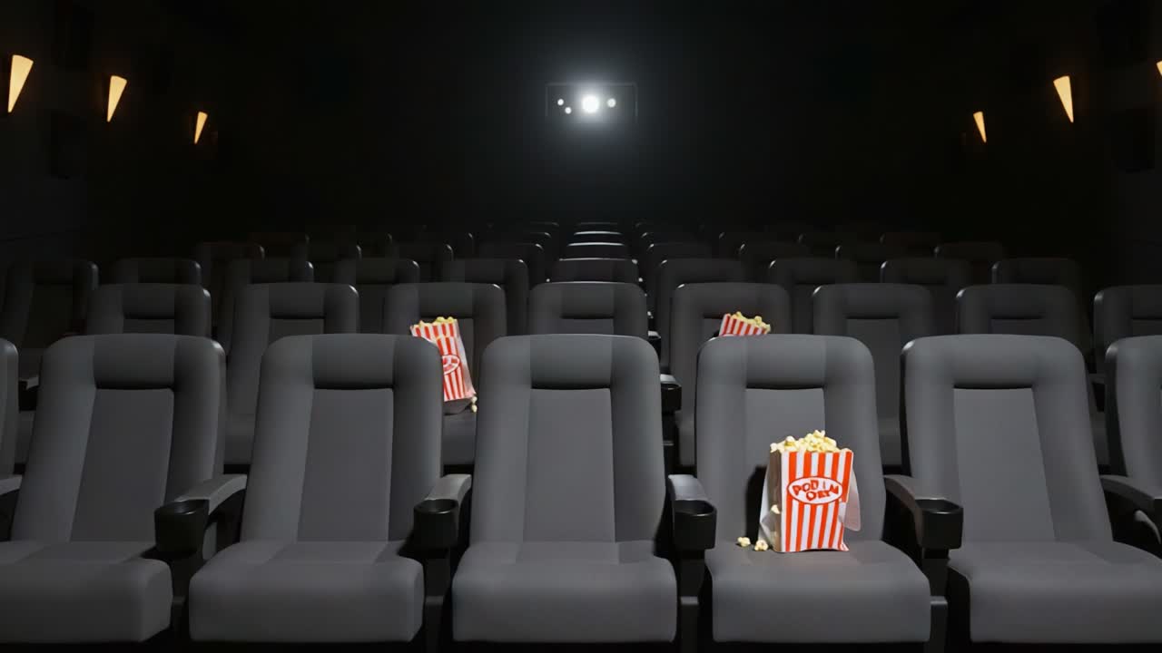 An Empty Movie Theater with Popcorn Buckets: Capturing the Anticipation and Excitement Before a Film Begins in a Dimly Lit Environment