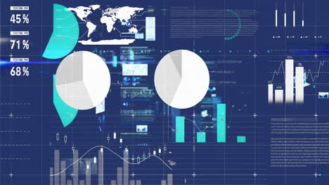 animation of screens with statistical data processing against blue background