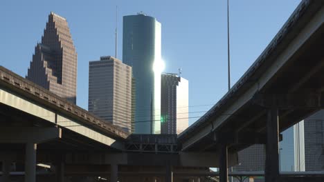 low angle aerial view of downtown houston