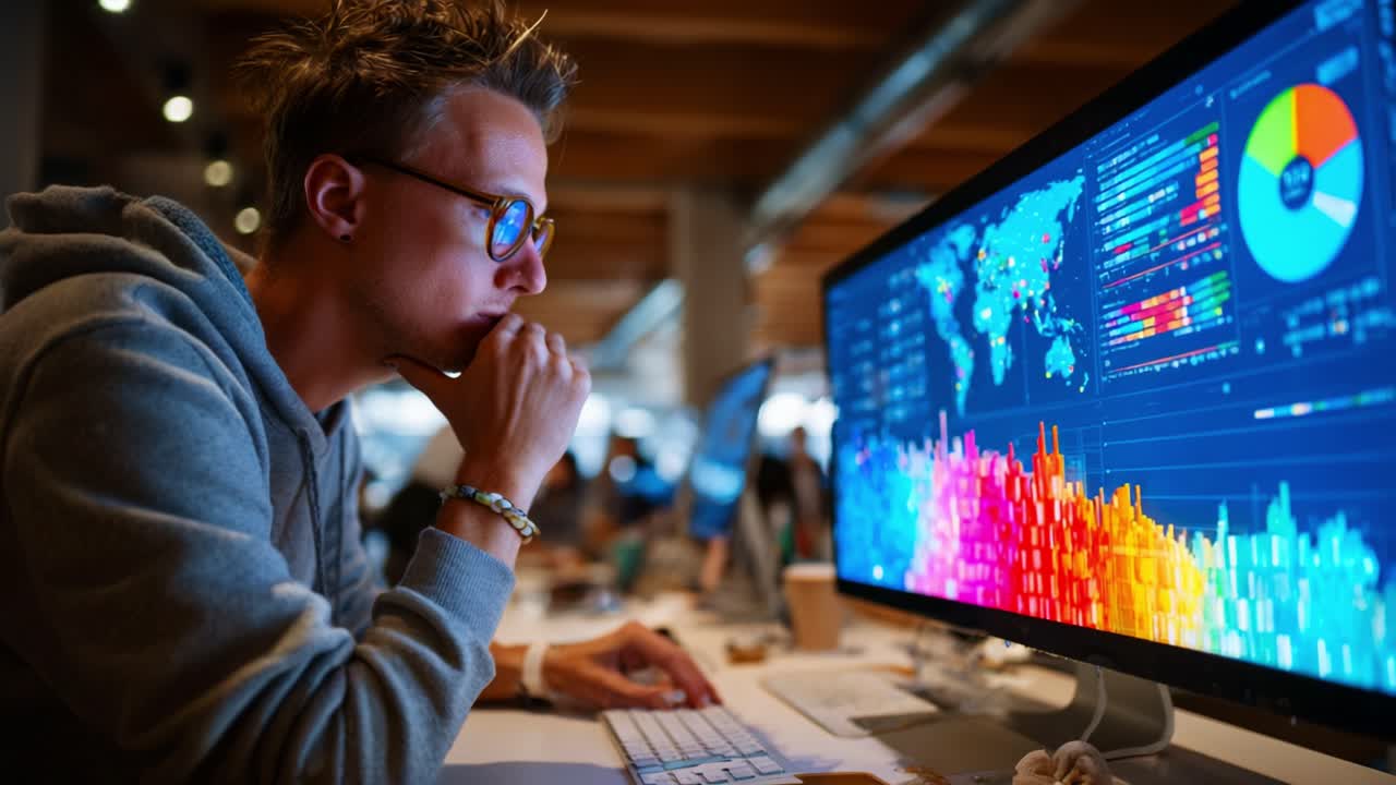 Focused Individual Analyzing Data Visualizations on Computer Screen, Engaged in In-depth Analysis of Graphs and Charts Representing Complex Information in a Modern Workspace