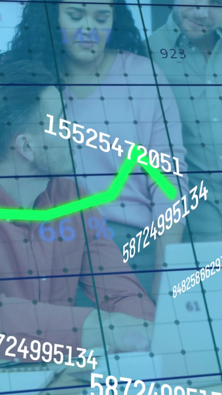 Animation of green lines, statistics and data processing over diverse business people