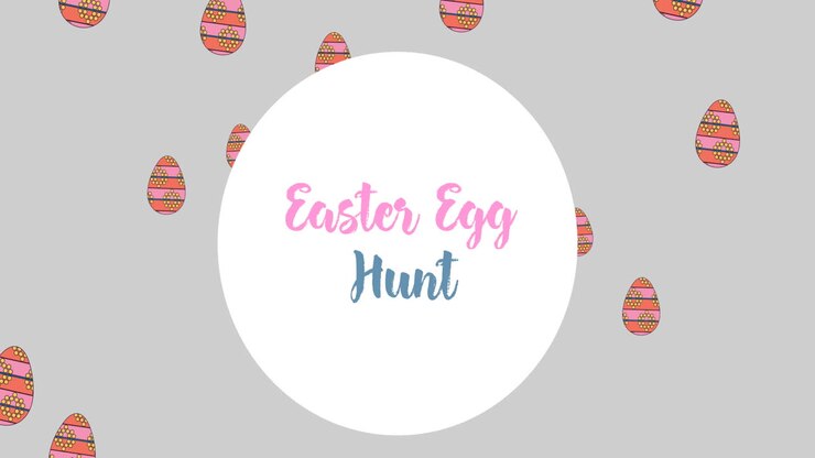 Animation of easter egg hunt in circle over easter eggs on grey background