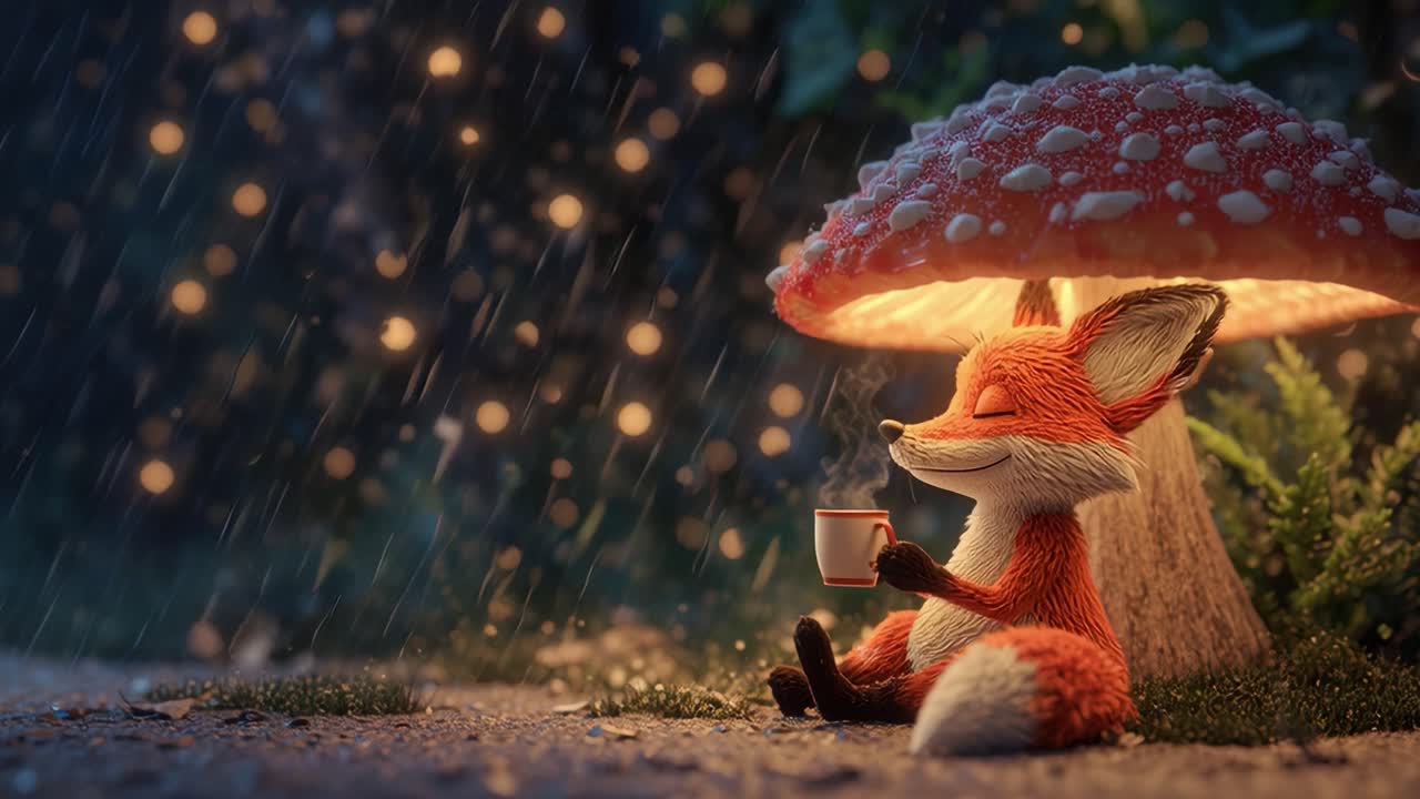 A Cozy Fox Enjoys a Warm Drink Under a Mushroom Canopy While Raindrops Fall All Around, Creating a Magical and Tranquil Atmosphere in Nature