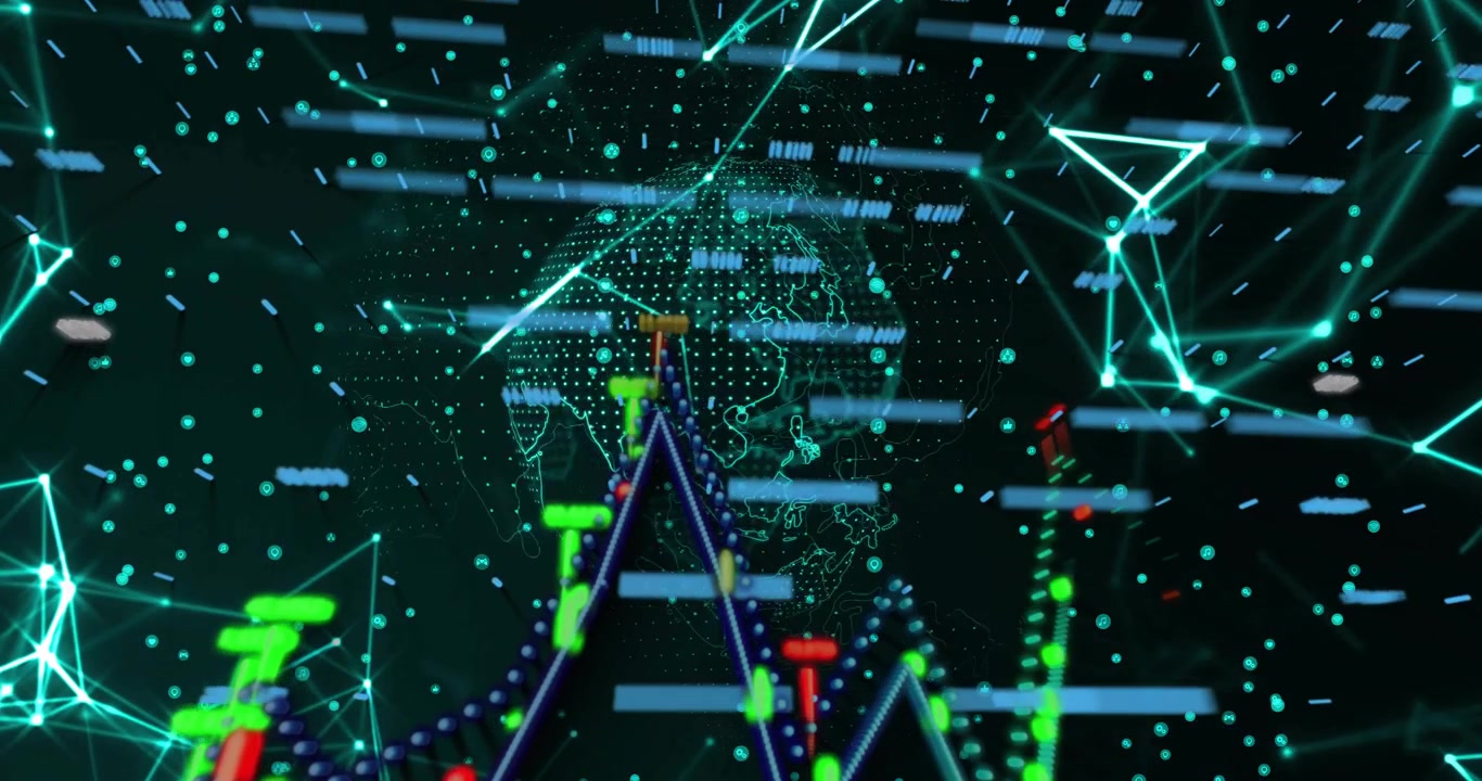 Globe appearing in data hub pulling network and charts into rotating view showcasing market trends