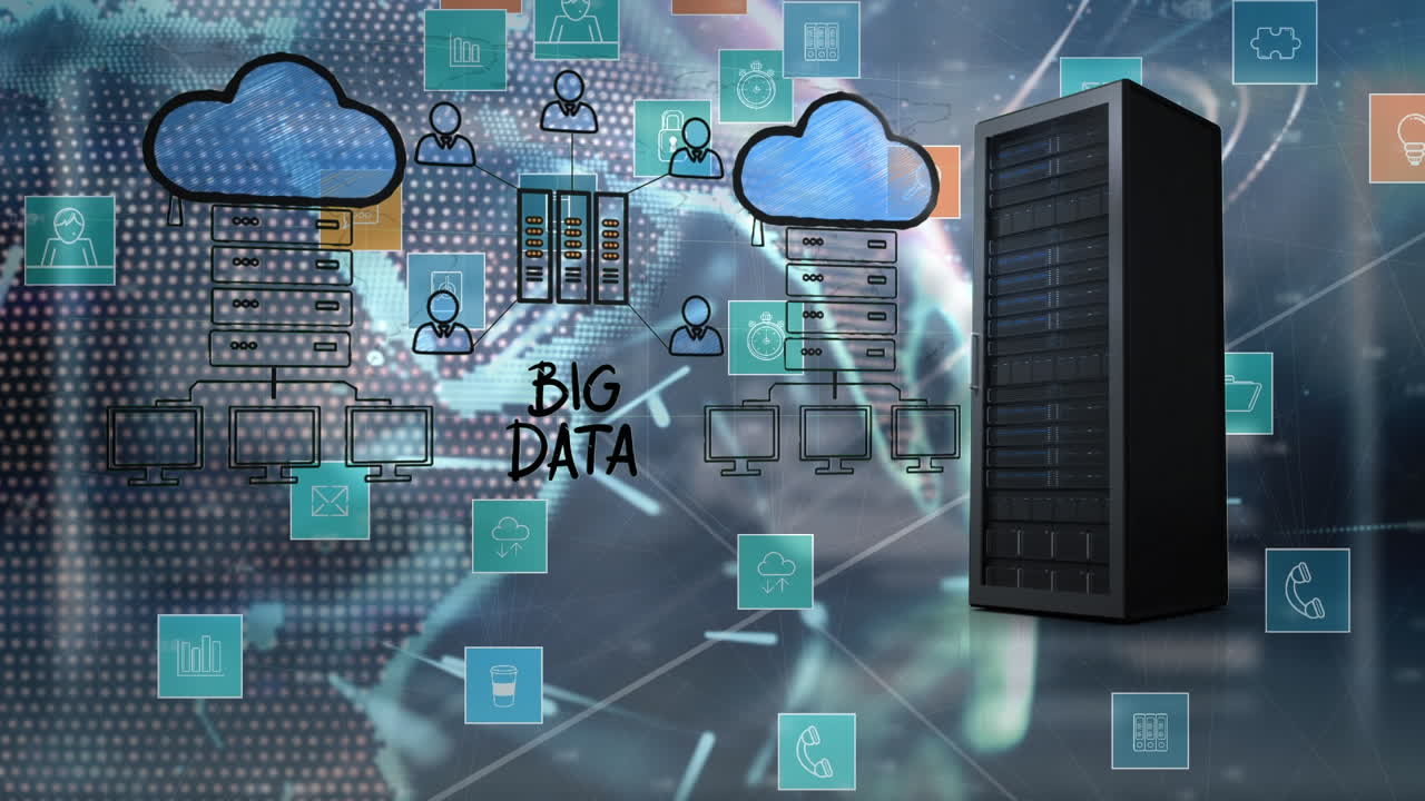 Animation of computer icons over server and world map