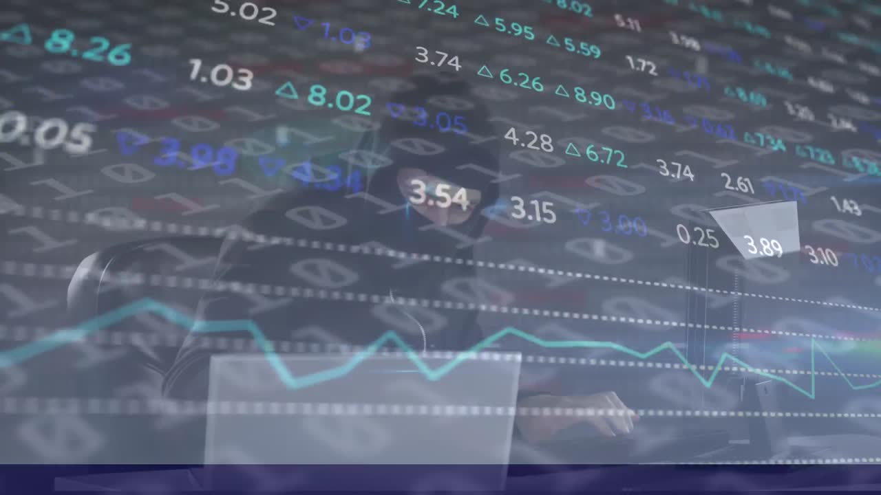 animación de un hacker usando una computadora portátil con procesamiento de datos financieros