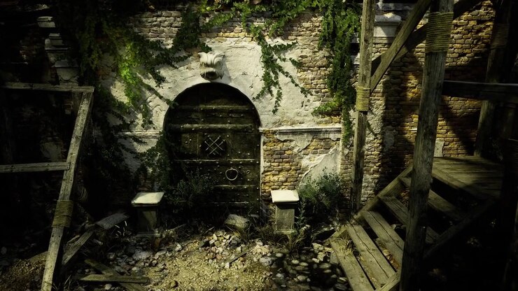 Rovine mistiche con mattoni fatiscenti circondate da ombre di edera rampicante