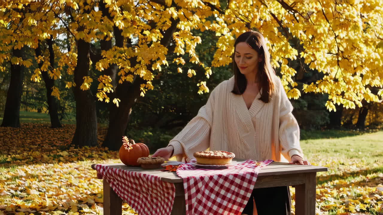 Woman enjoying a hot drink at an outdoor autumn picnic table