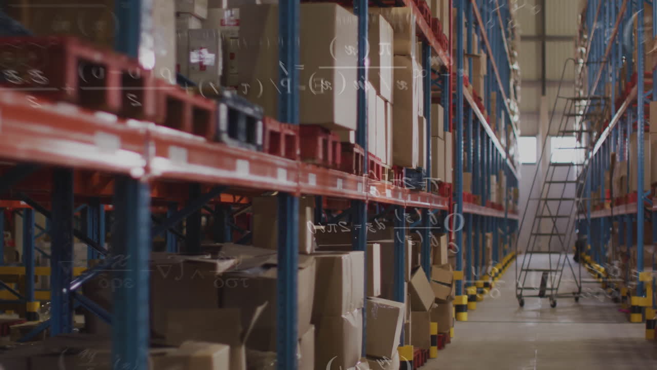 Animation of mathematical equations overlaying warehouse shelves filled with boxes