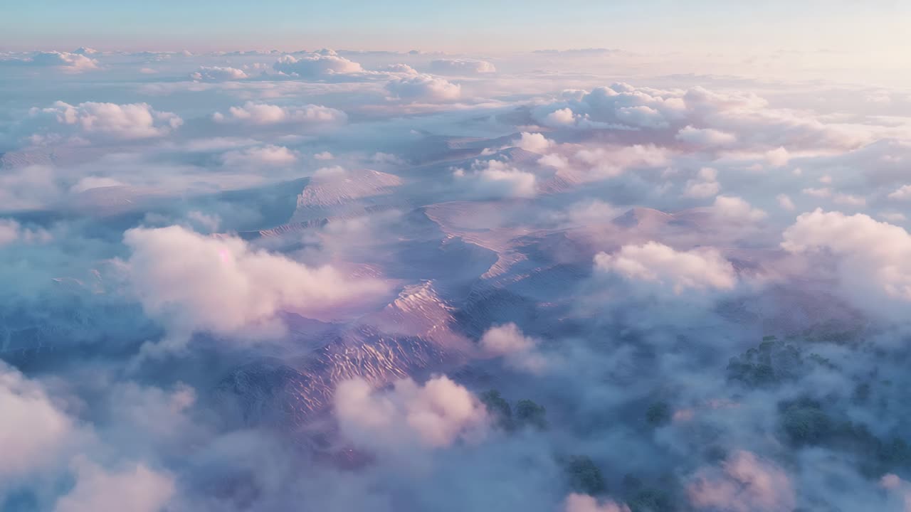 Drone che scivola sorvolando crinali innevati, strato di nuvole che si sposta rivelando una valle tortuosa all'alba