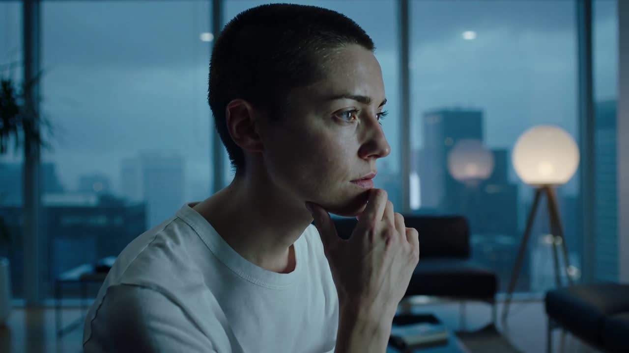 Gazing woman in white tee raising hand to chin, responding to cloudy skyline at high-rise windows
