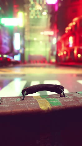 vintage suitcase in a foggy, neon-lit city