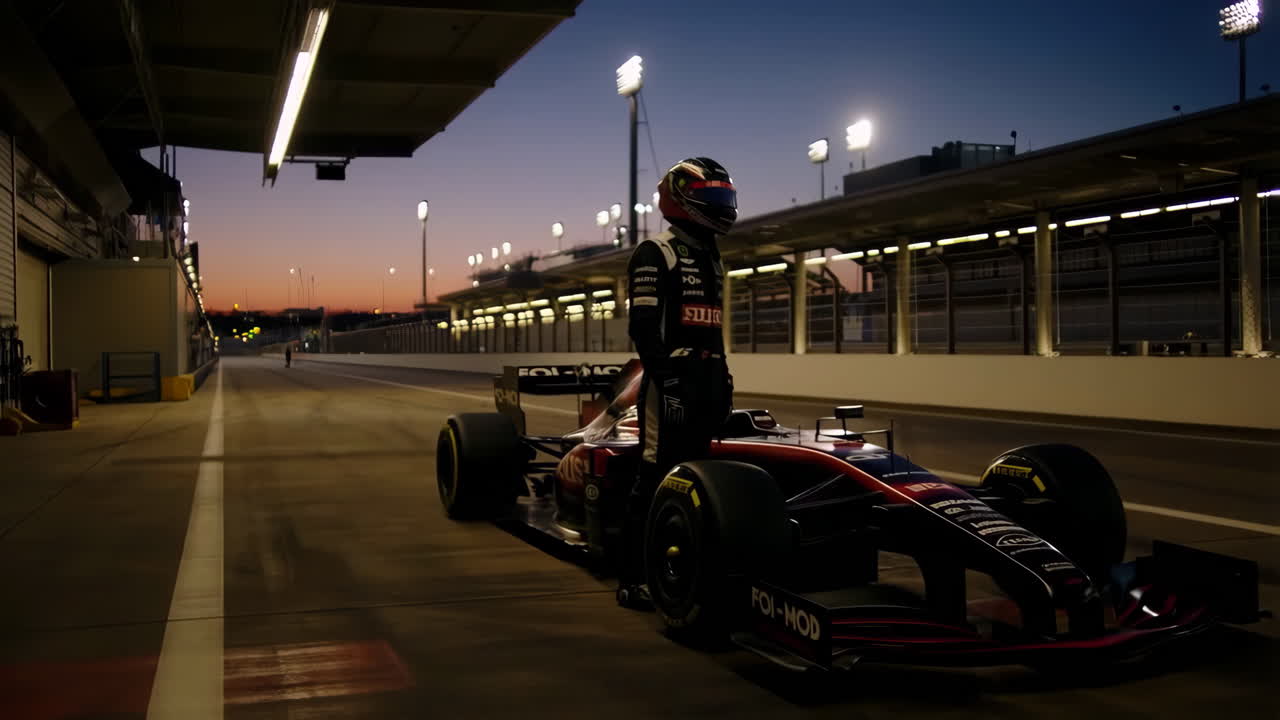 Formula 1 Race Car at Dusk