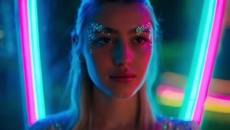 woman with glitter makeup and neon lights