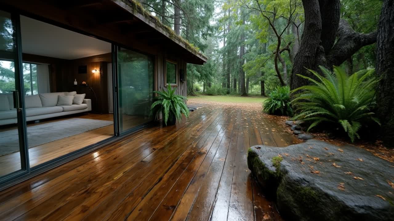 Modern luxury house wooden terrace in forest rainy day with large glass windows and lush green trees