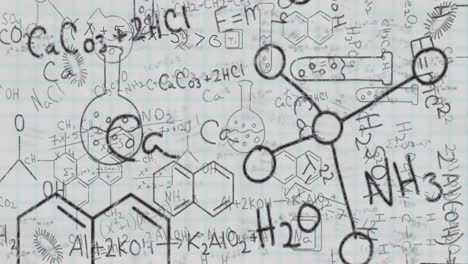 animación de ecuaciones científicas y estructuras químicas sobre bocetos dibujados a mano en papel cuadrado