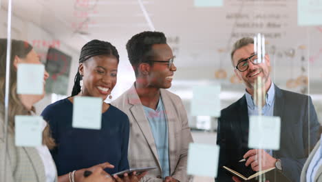 Teamwork,-sticky-note-and-business-people-by-glass