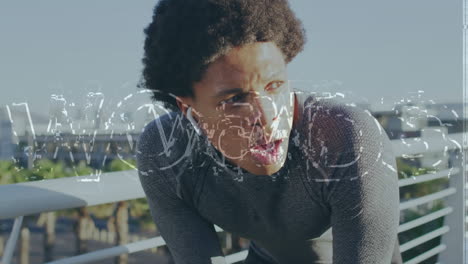 animación de texto wow sobre corredor masculino biracial con auriculares