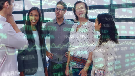 animation of trading board over diverse happy colleague discussing while standing in office