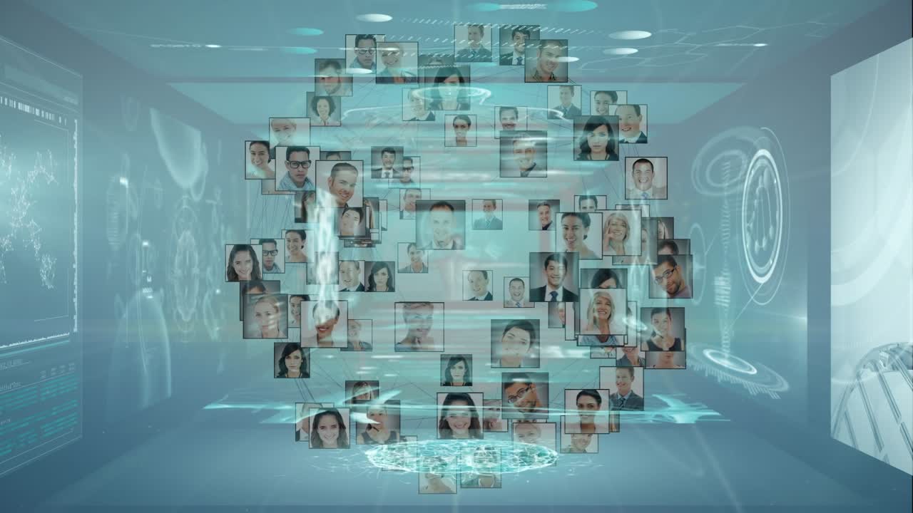 Animation of network of connections with diverse people icons over data processing