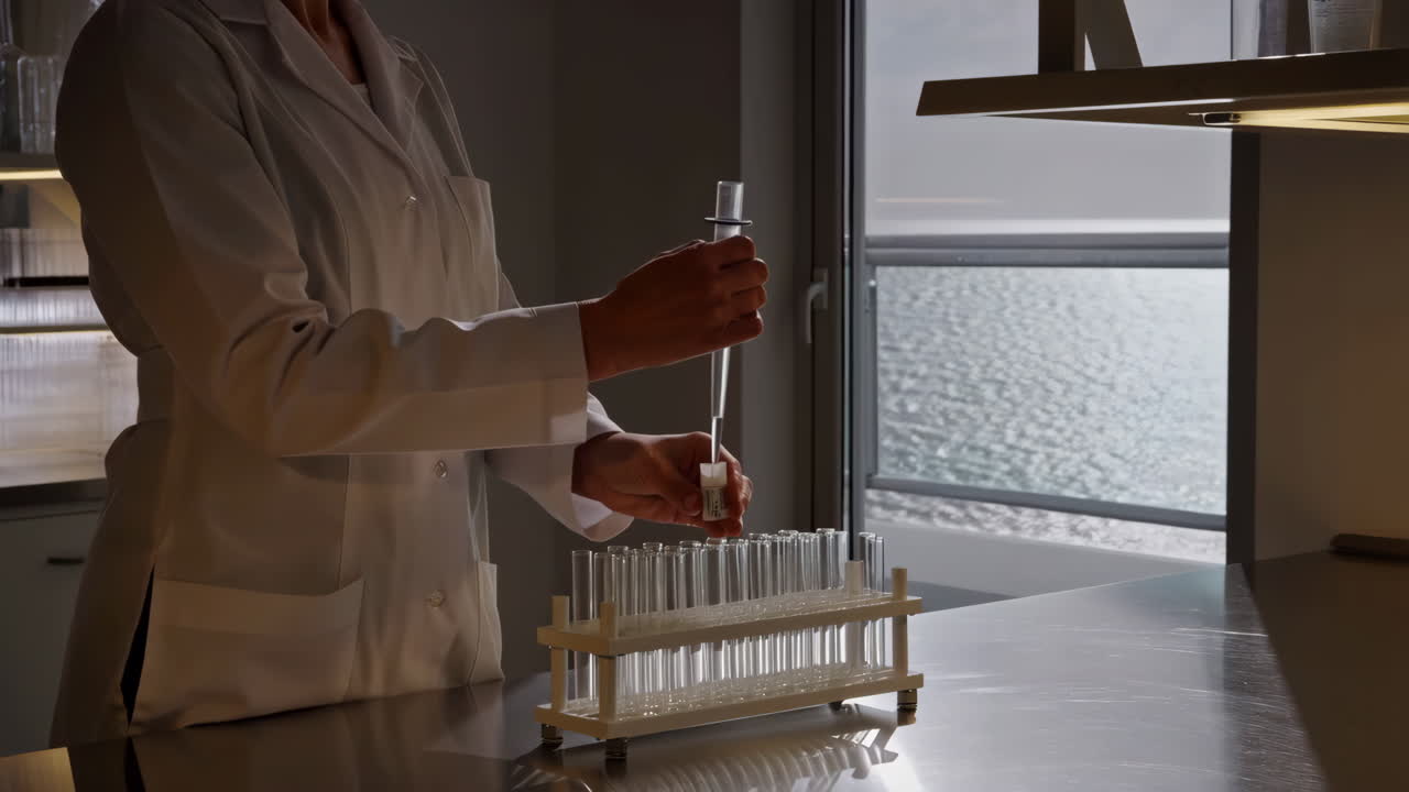 Scientist working with test tubes and a pipette in a laboratory overlooking the ocean