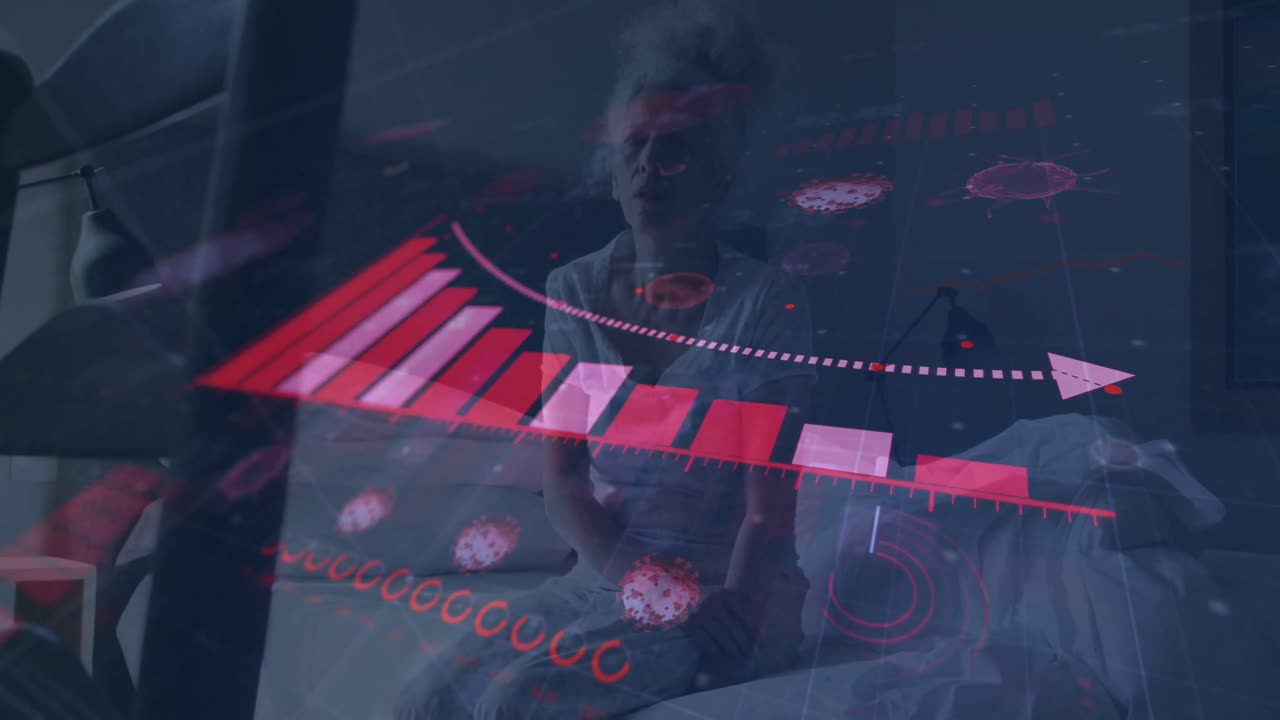 Animation of covid-19 statistical data processing over sick caucasian senior woman sitting on bed