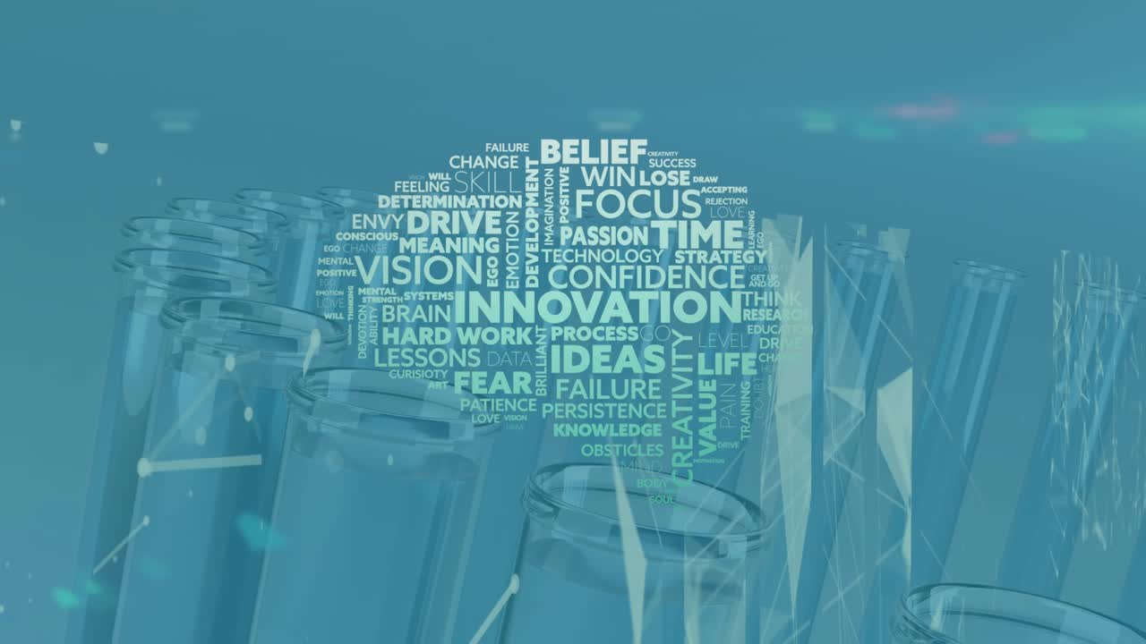 Animation of brain made of texts and diverse shapes over test tubes on blue background