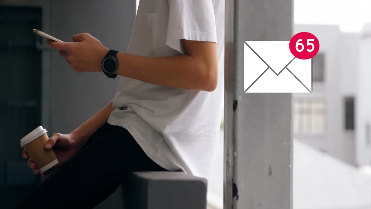 Man using mobile phone while enjoying coffee and envelope icon for social media.