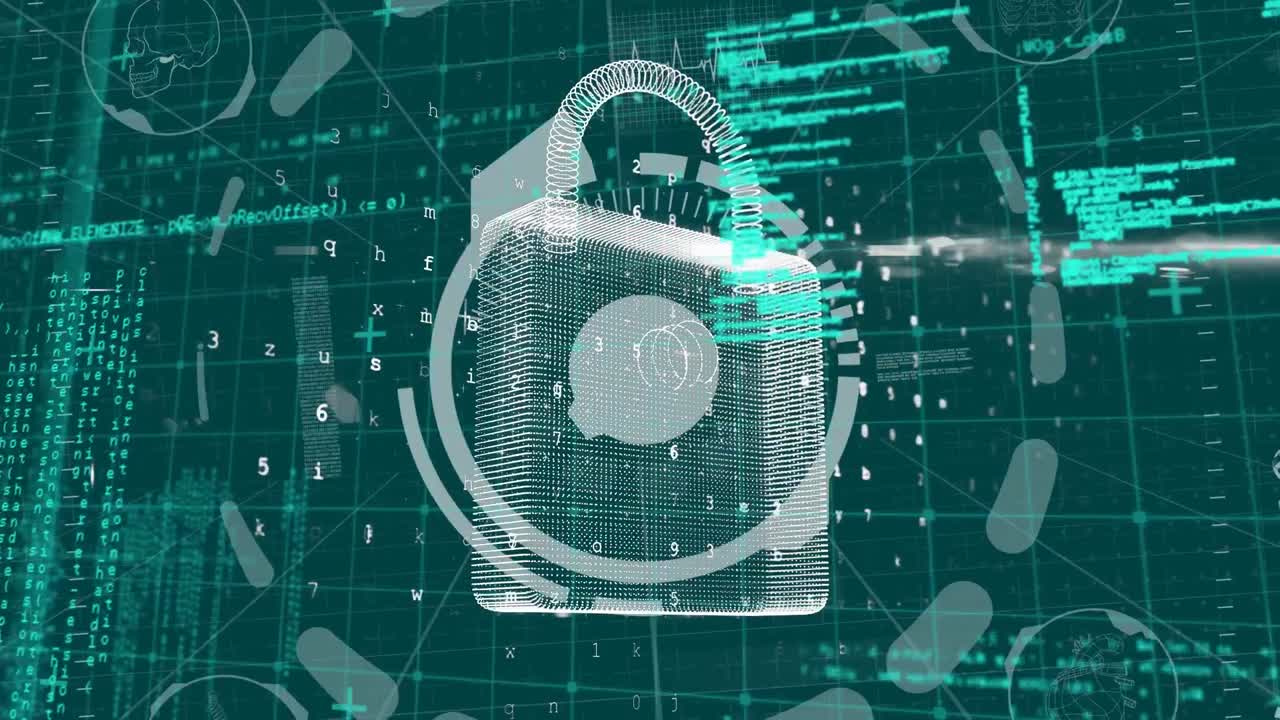 animación digital del icono de candado de seguridad de neón y procesamiento de datos contra un fondo verde