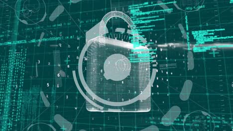 digital animation of neon security padlock icon and data processing against green background