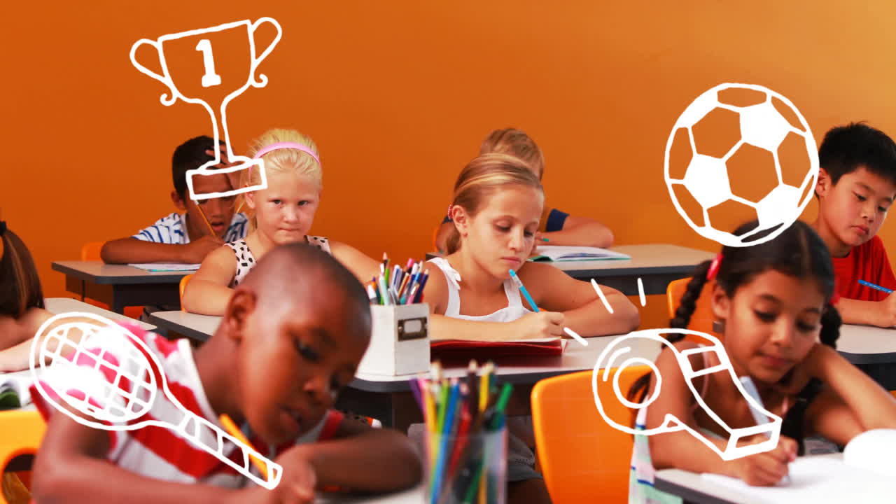 Children studying in classroom with sports equipment animation over them