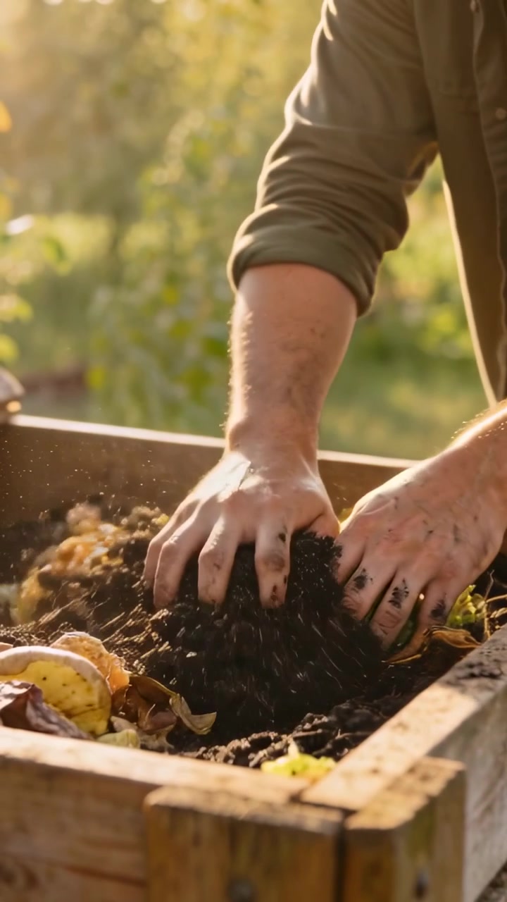 Vertical video: Placing food scraps, hands in olive shirt layering and covering soil in garden bin