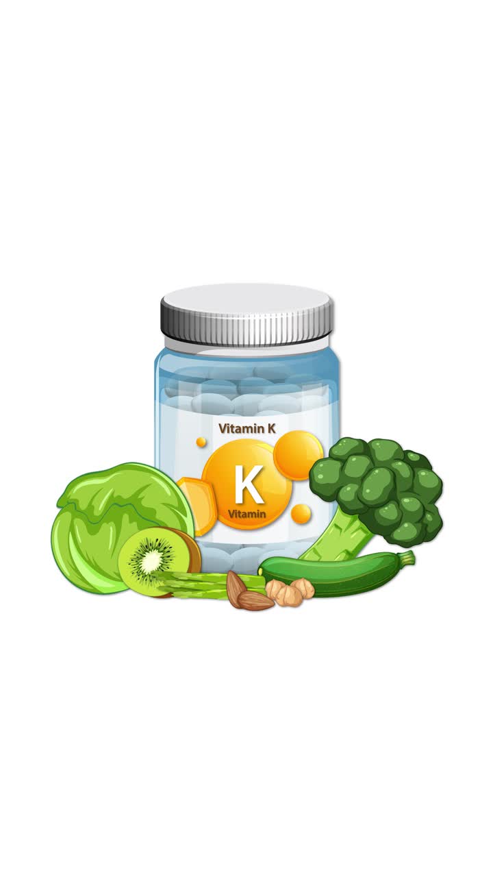 Flacone di Vitamina K gradualmente circondato da cavolo, broccoli, zucchine, kiwi e frutta secca su sfondo bianco