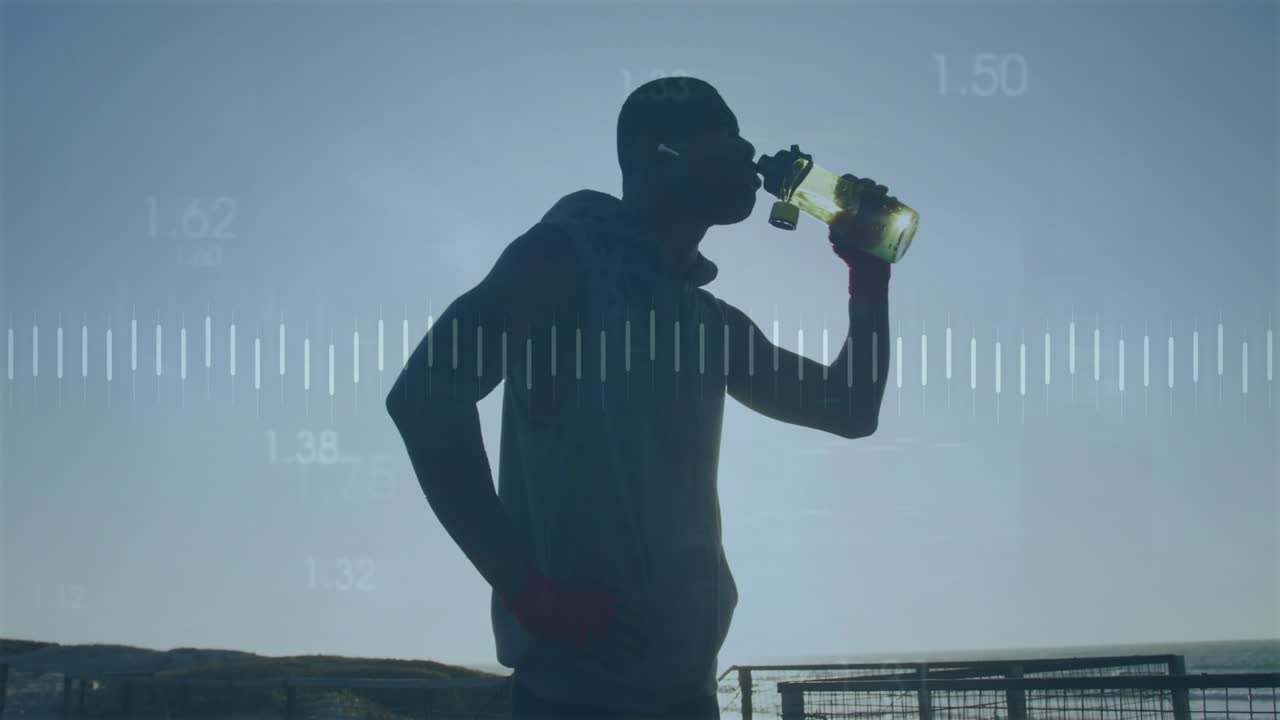 Waveform fluctuating across shot, man lifting bottle drinking while readouts updating for fitness