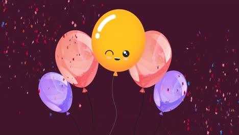 Animation-of-colorful-balloons-flying-and-falling-confetti-over-dark-background