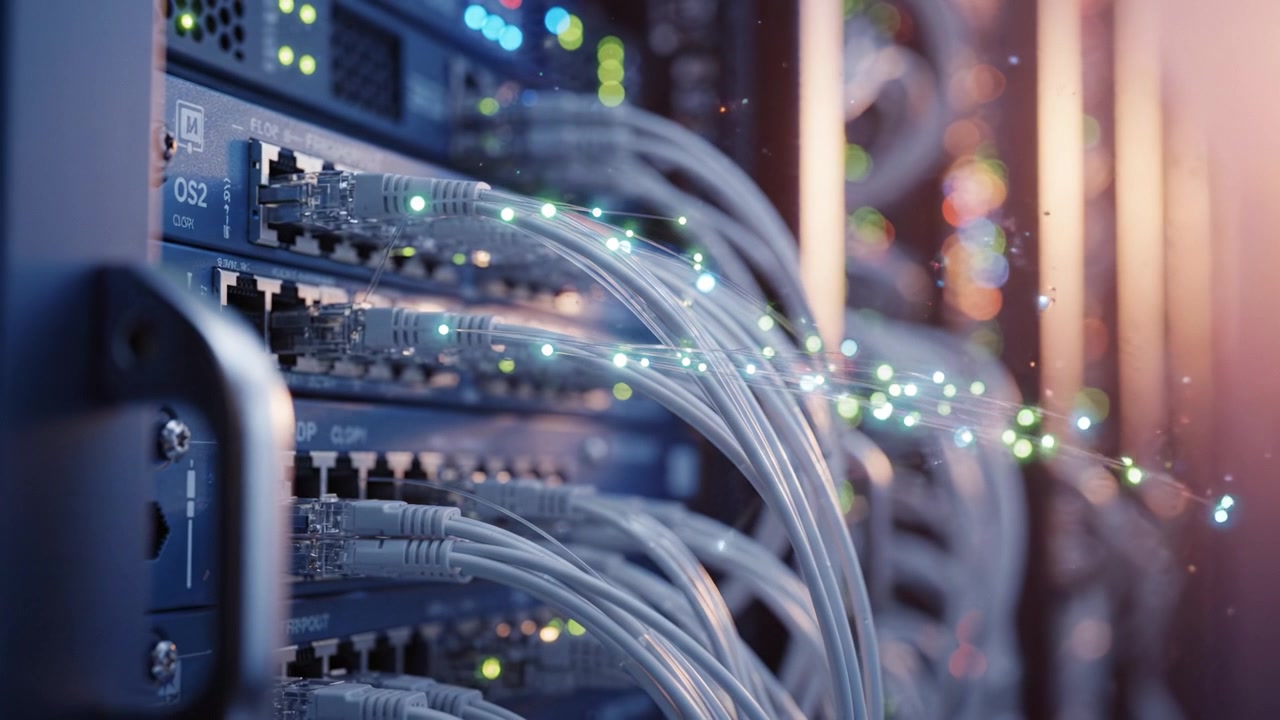 High-Tech Data Center Wiring and Network Connections Showcasing Advanced Server Equipment and Fiber Optic Cables Illuminating the Digital Backbone of Modern Technology