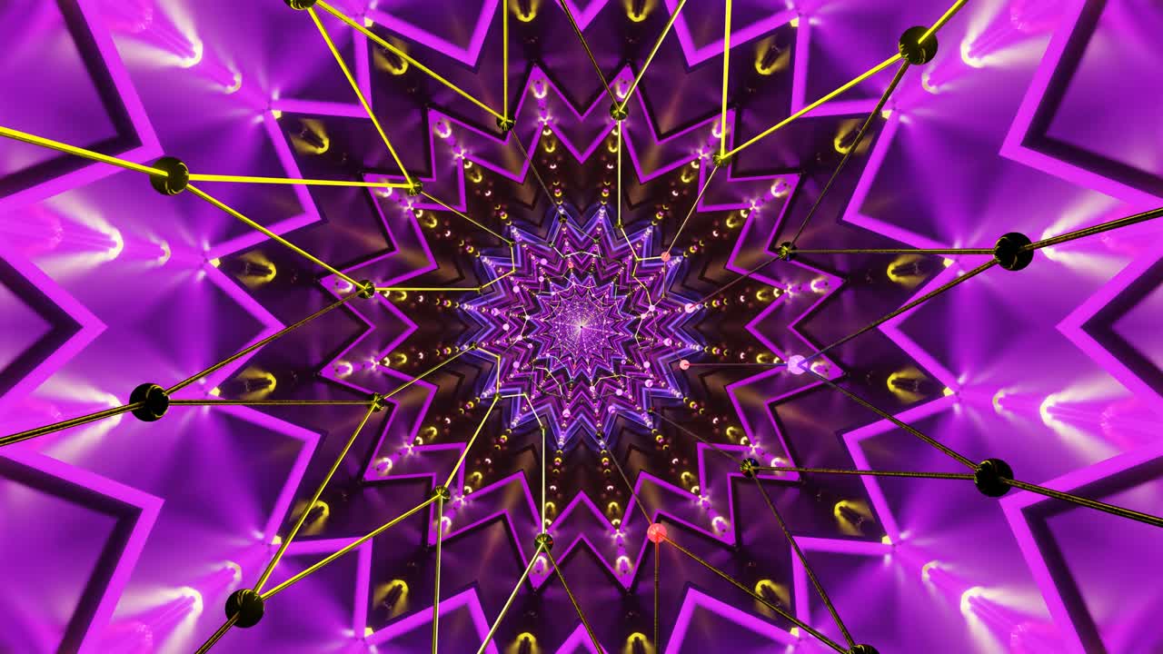 Intricate star shaped designs pulse and morph with vibrant colors in a seamless loop, captivating viewers with dynamic motion and depth. This mesmerizing display creates a sensory journey