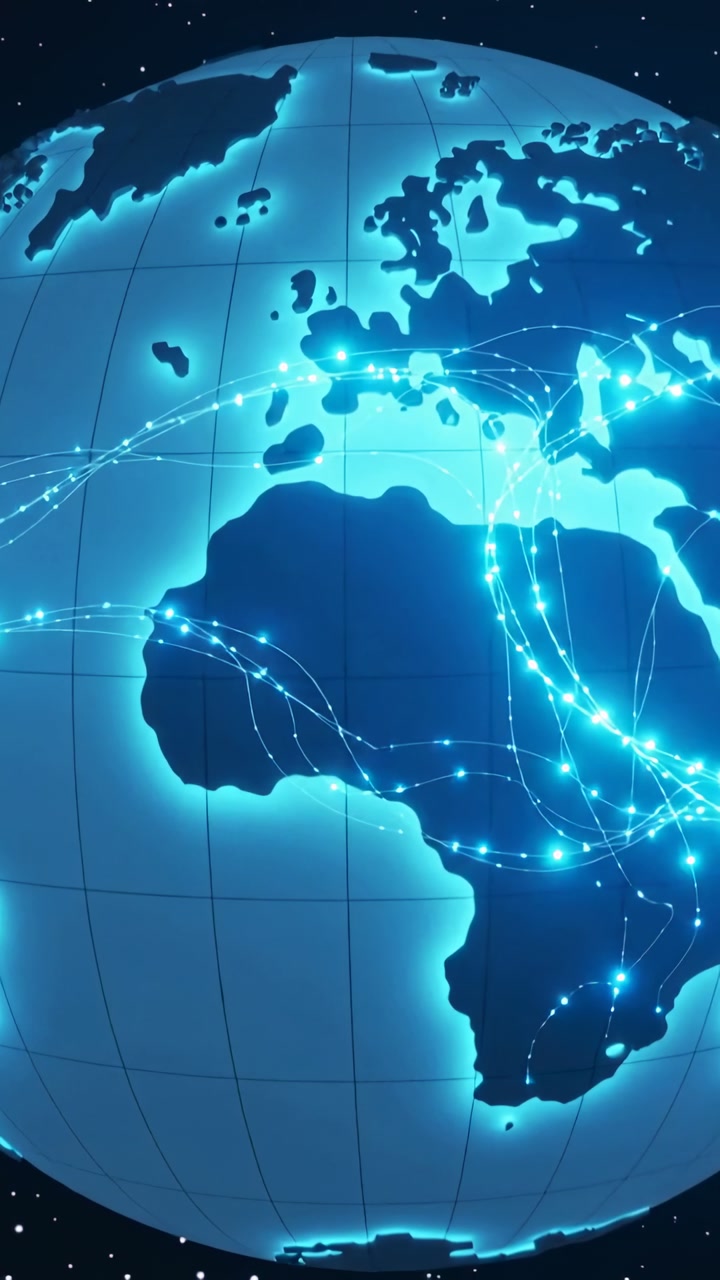 Vertical video: Starting globe rotation with grid, emitting nodes and paths in space, mapping links