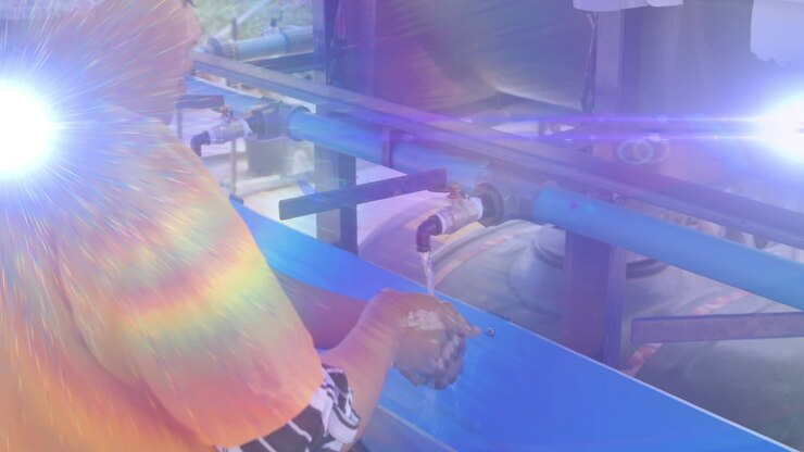Animation of lights and lens flare over african american woman washing hands outdoors at standpipe