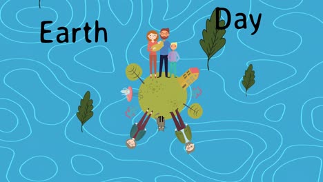 animation of earth day text over family on globe and leaves on blue background